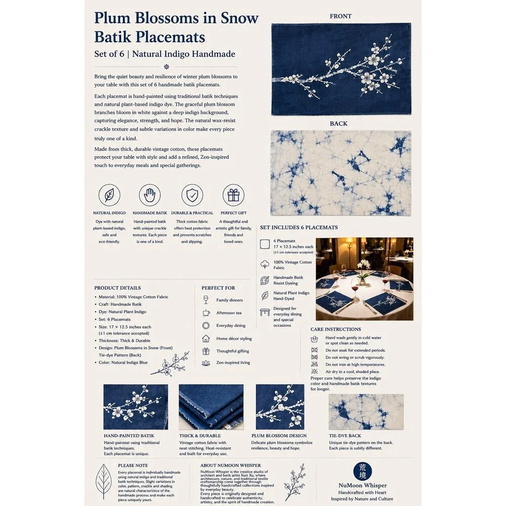 Handmade Indigo Batik Table Linen Set– Plum Blossom Runner, Placemats & Coasters